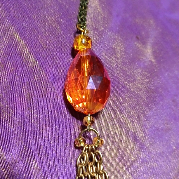 Gold tassel pendant necklace golden bead amber glass honey orange chain handmade - Picture 4 of 7